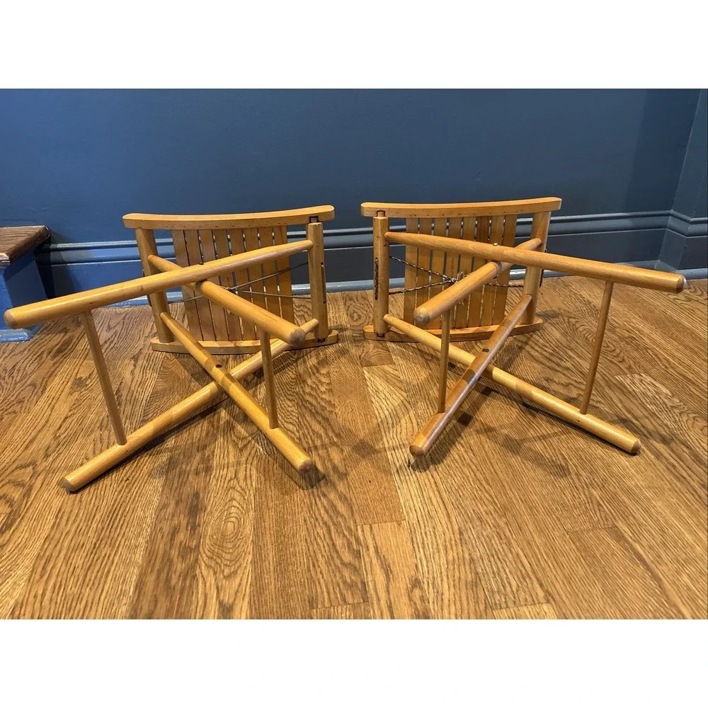 Nevco Yugoslavia Mid Century Modern Slat Wood Folding Camp Stool-Lot Of 2
